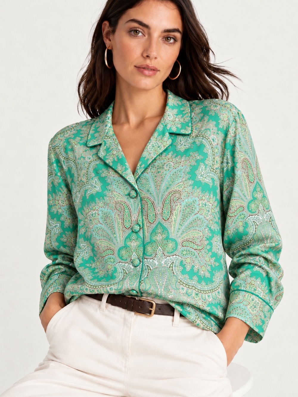 J.Crew Collection Satin Paisley Pajama Style Blouse Green L NWT Autumn Bohemian